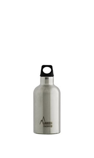 Laken Thermosflasche Futura Edelstahl, kleine Flasche mit schmalem Hals und schwarzem Deckel mit runder Schlaufe