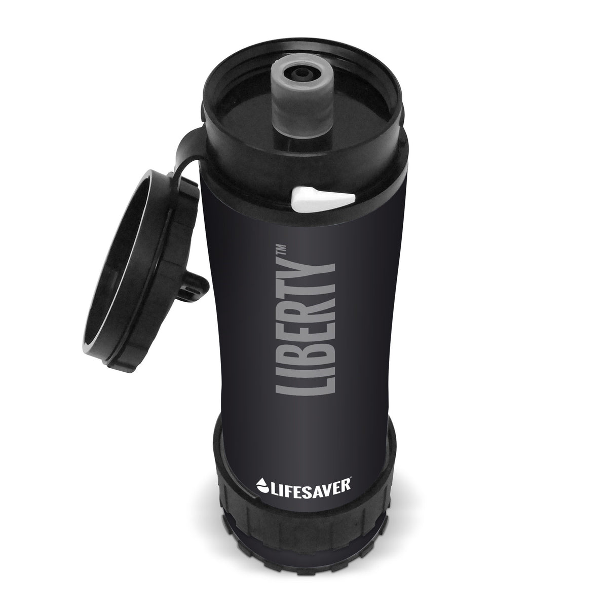 Lifesaver Liberty in Schwarz mit aufgeklapptem Deckel und Trinkmundstück, schräg von oben