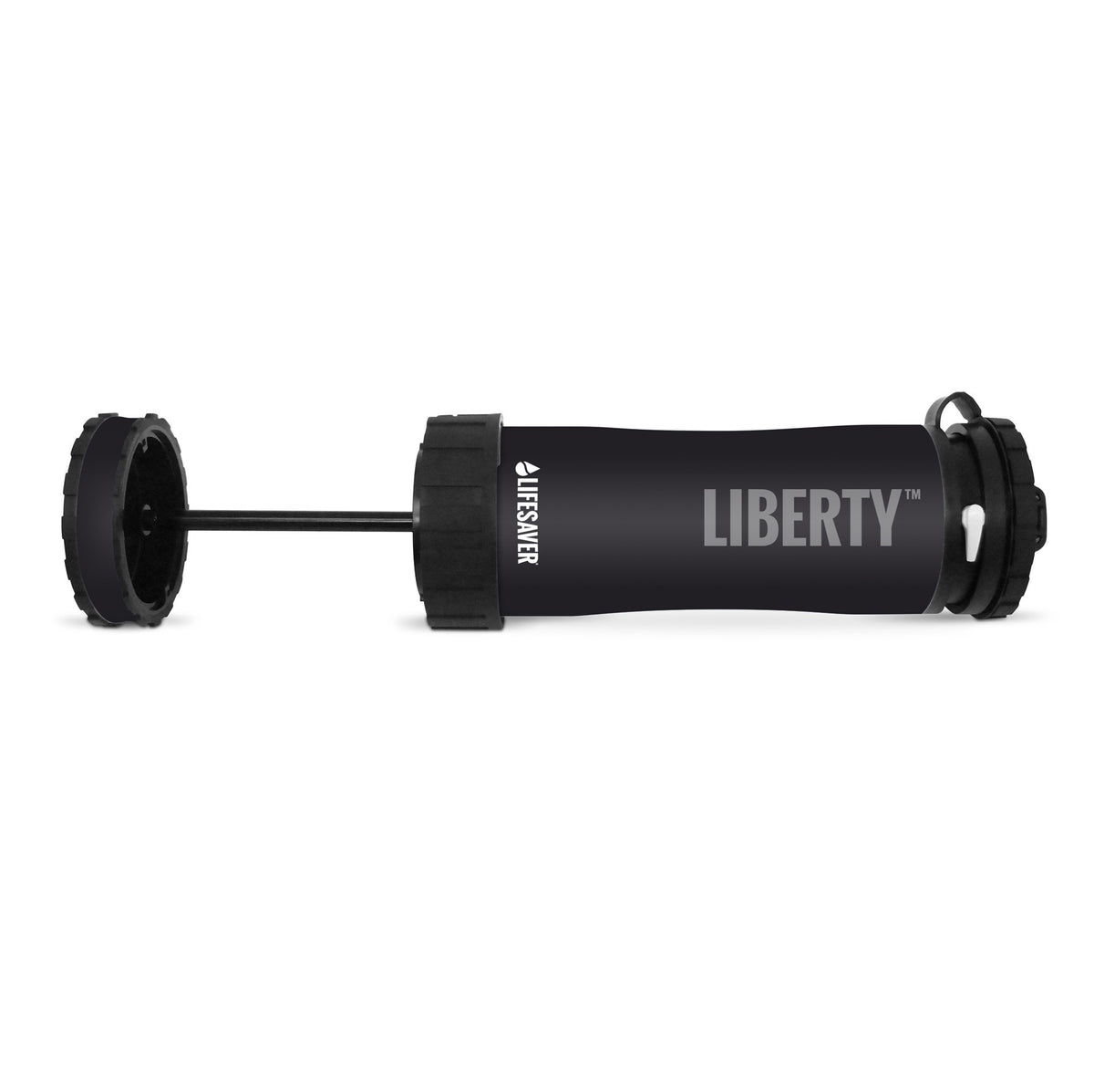 Lifesaver Liberty in Schwarz liegend, mit herausgezogenem Boden und Pumpenstange