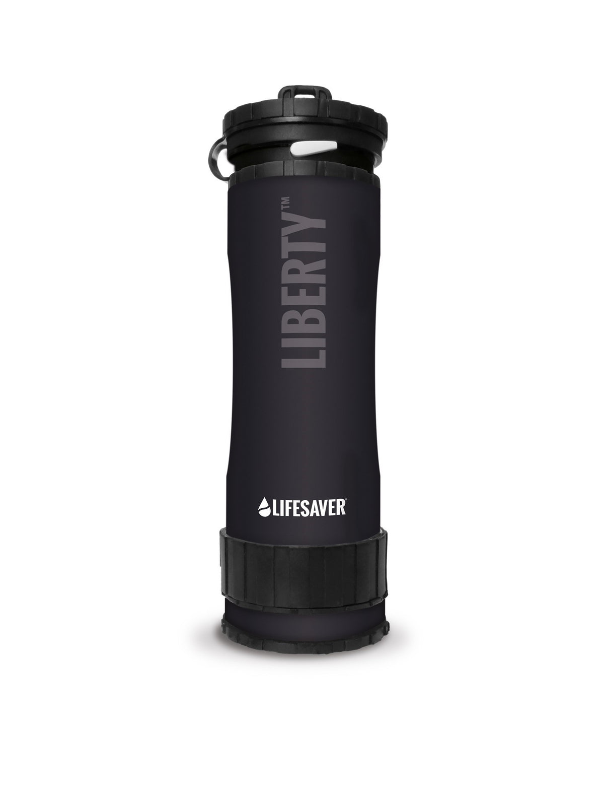 Lifesaver Liberty Trinkflasche in Schwarz mit schwarzem Schraubdeckel und Trageschlaufe, aufrecht von vorn