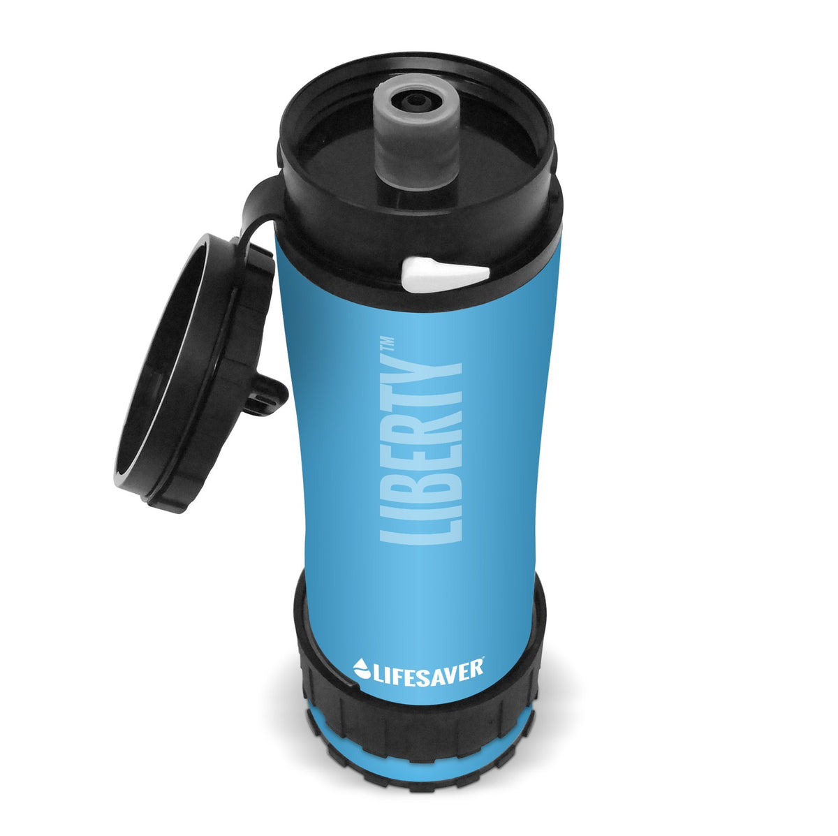 Lifesaver Liberty in Hellblau mit aufgeklapptem Deckel und Trinkmundstück, schräg von oben