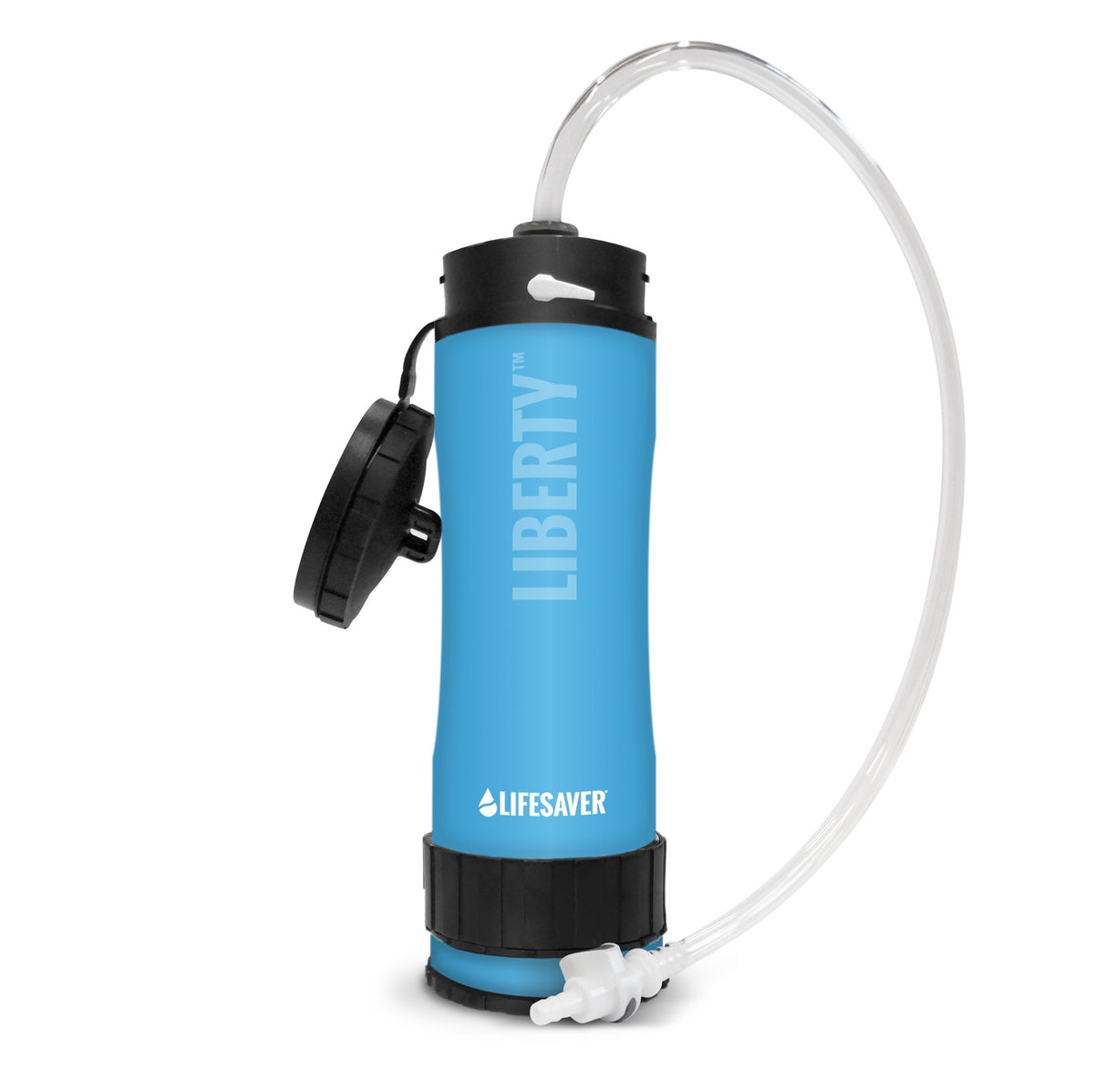 Lifesaver Hydration Bladder Connector an einer blauen Lifesaver Liberty Flasche angeschlossen