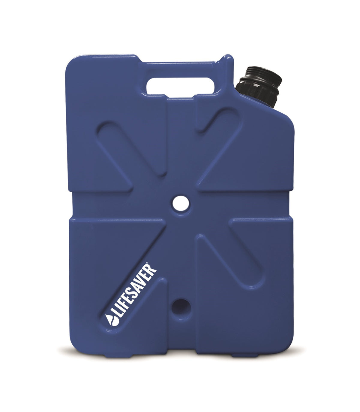 Lifesaver Jerrycan in Dunkelblau von vorn mit Griff und Lifesaver-Logo
