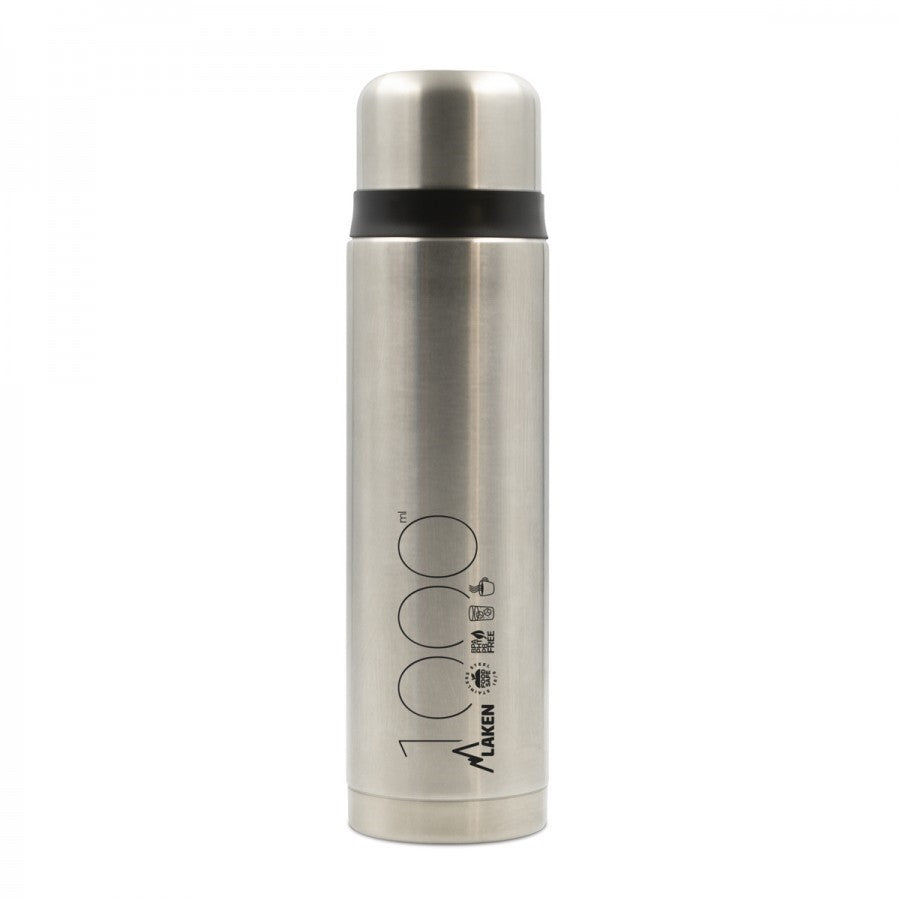 Laken Thermosflasche in Silber in der höchsten Größe mit Aufdruck 1000 und schwarzem Band