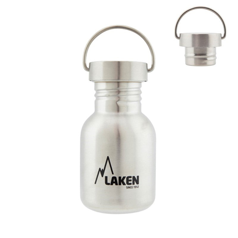 Laken Trinkflasche mit Edelstahldeckel, kleine Flasche mit Trageschlaufe aus Metall und losem Deckel daneben