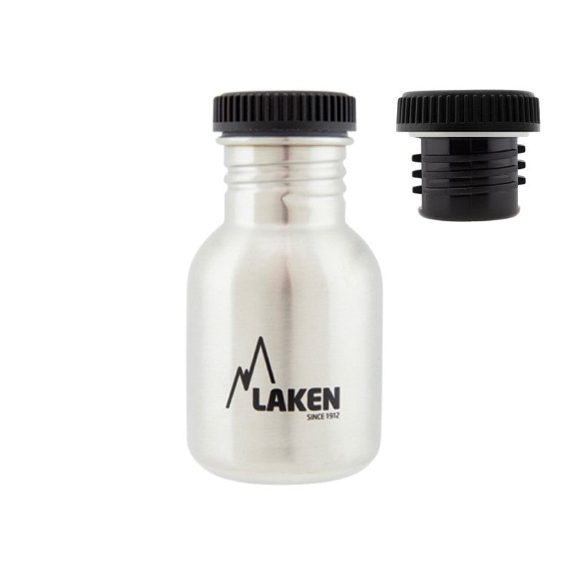 Laken Trinkflasche Basic Edelstahl in der kleinsten Größe mit schwarzem Schraubdeckel, loser Deckel daneben