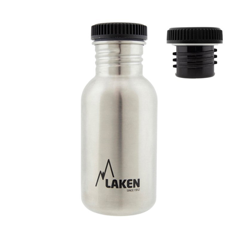 Laken Basic Edelstahl-Trinkflasche in mittlerer Größe mit schwarzem Schraubdeckel und losem Deckel