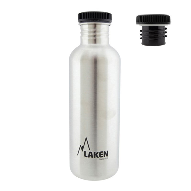 Laken Basic Edelstahl-Trinkflasche in der größten Größe mit dem losen schwarzen Deckel daneben
