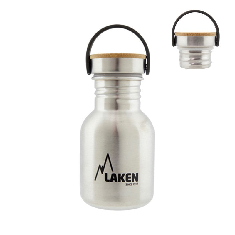 Laken Trinkflasche Edelstahl mit Bambusdeckel, kleine Flasche mit schwarzer Trageschlaufe und losem Deckel daneben