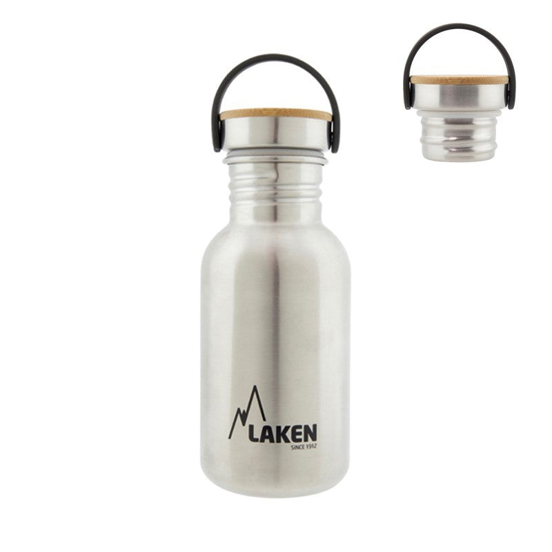 Laken Trinkflasche mit Bambusdeckel in mittlerer Größe mit schwarzer Trageschlaufe