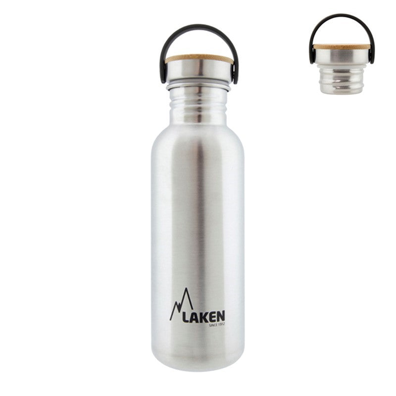 Laken Trinkflasche mit Bambusdeckel in einer hohen, schlanken Ausführung, loser Deckel daneben