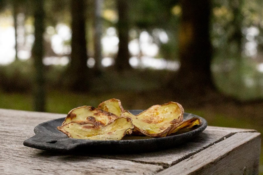 Schwarzer Kupilka 14 Small Teller mit gebratenen Kartoffelscheiben auf einem Holztisch im Wald