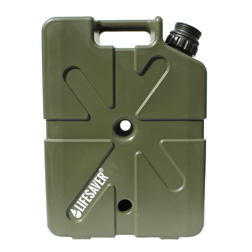 Lifesaver Jerrycan in Armeegrün von vorn mit Griff, schwarzem Deckel und weißem Logo