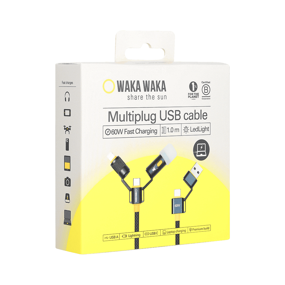WakaWaka Connect Verpackung mit der Aufschrift Multiplug USB cable und sichtbarem Kabel