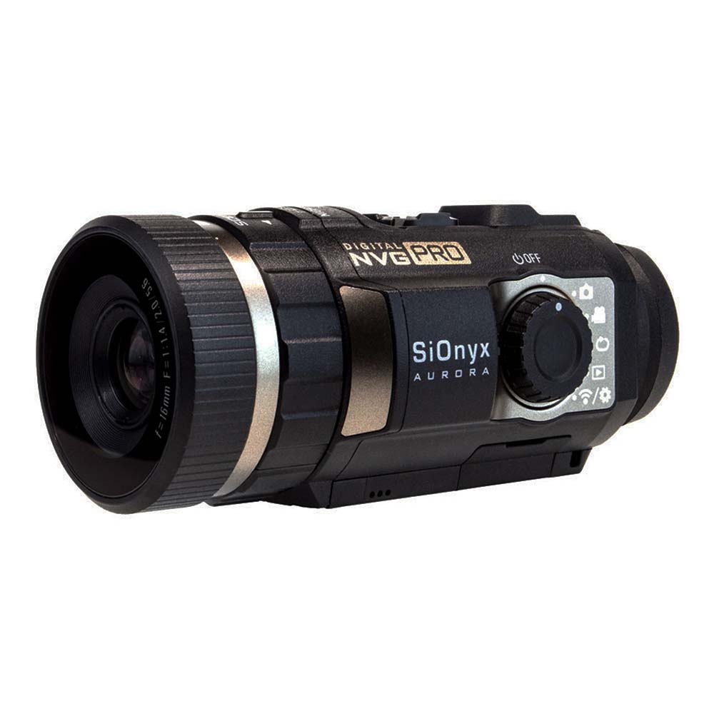 SiOnyx Aurora Pro digitales Nachtsichtgerät in Schwarz mit großer Linse und Drehknopf, schräg von vorne