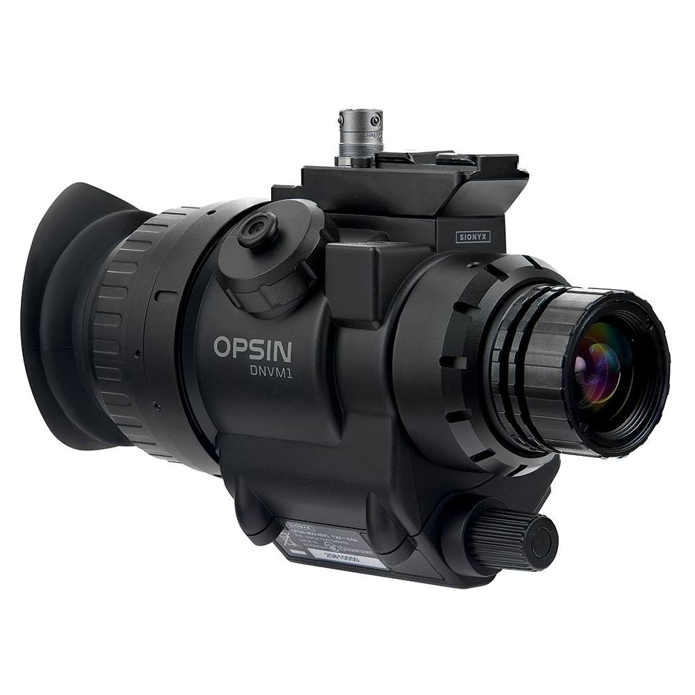SiOnyx Opsin digitale Nachtsichtbrille in Schwarz mit Augenmuschel, Linse und Montageplatte, schräg von vorne