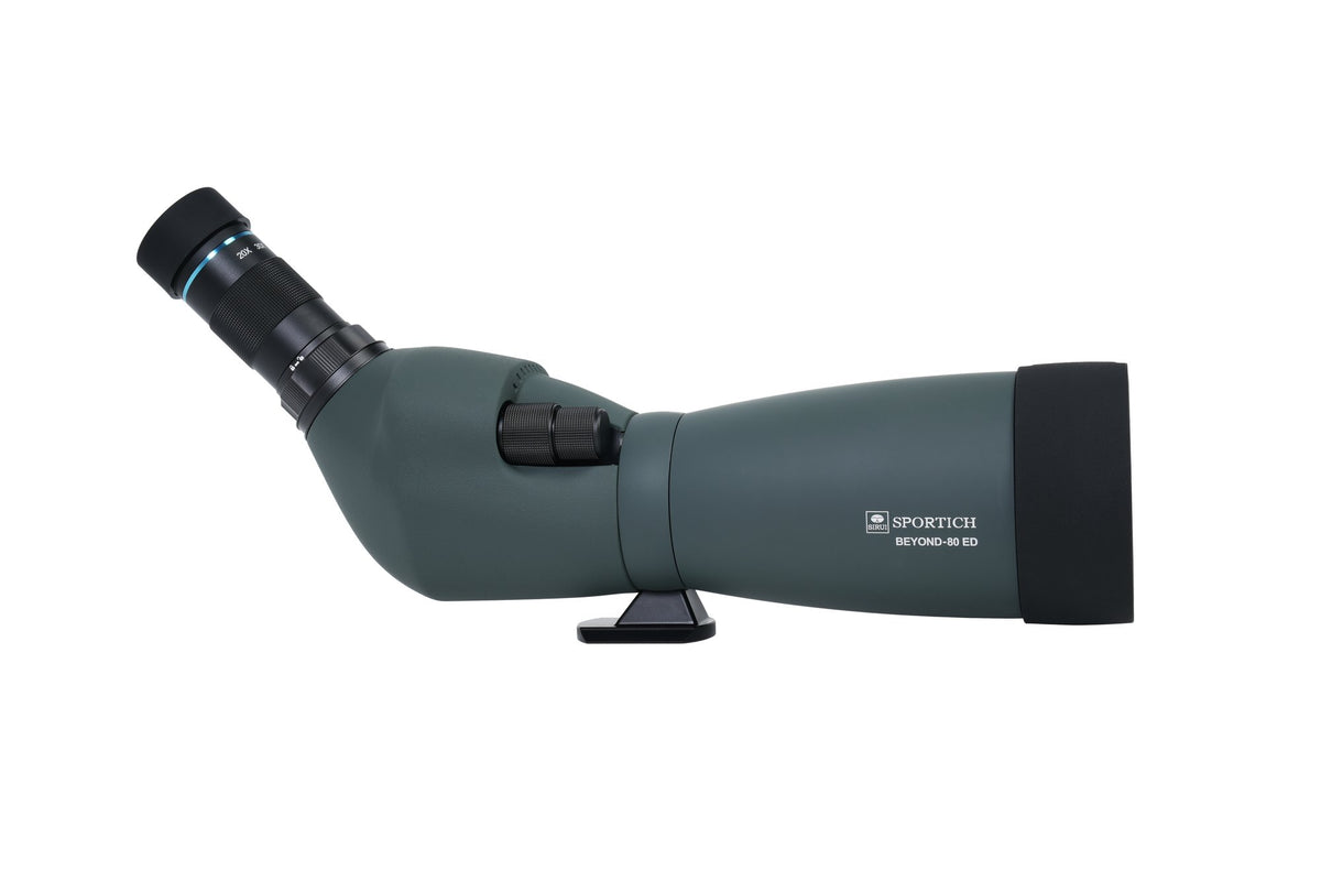 Sirui Sportich S6080A-GN Seitenansicht mit Fokussierknopf, Stativfuß und dem Okular links