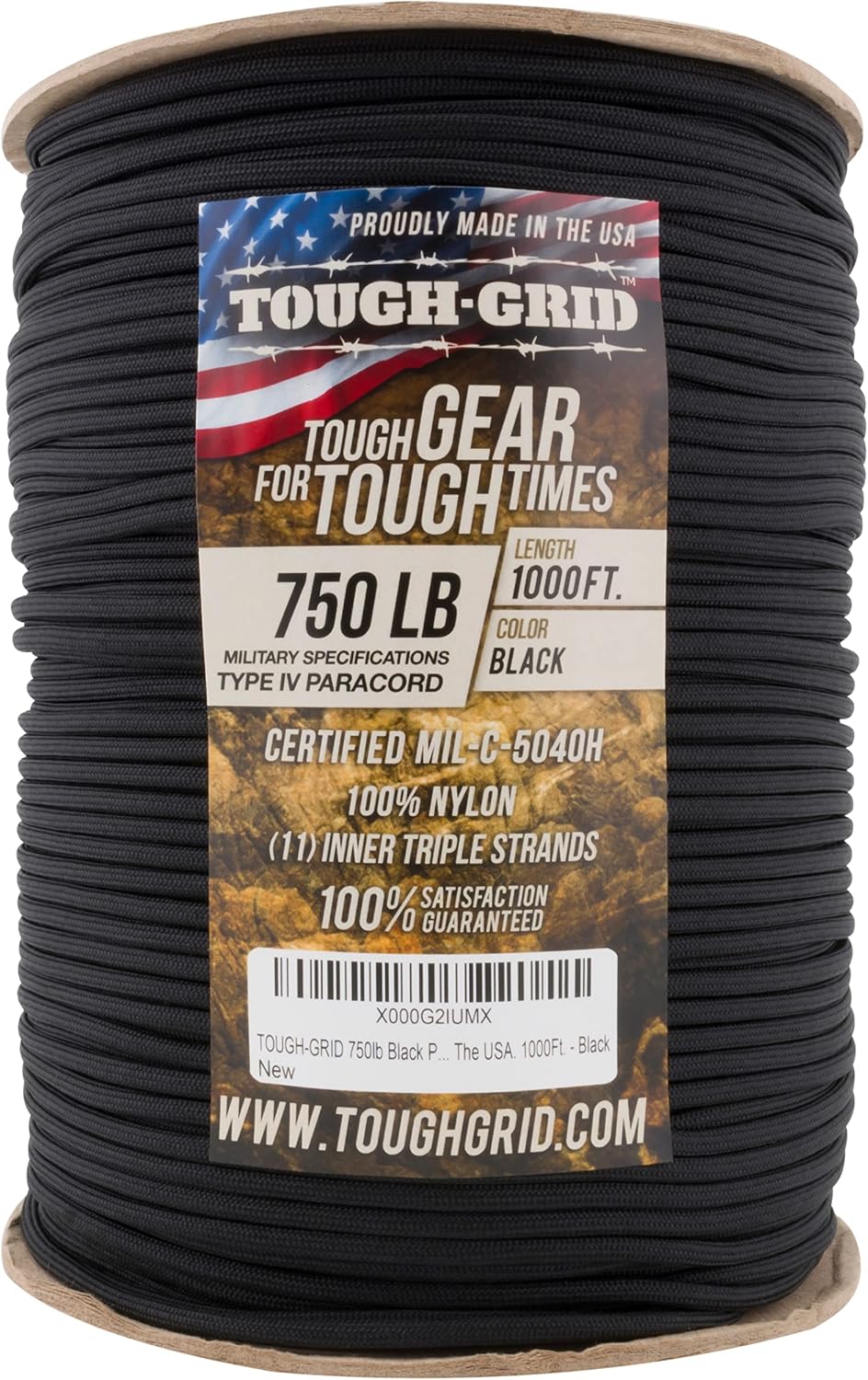 TOUGH-GRID 750 Paracord 305m schwarz, Schnur auf einer großen Rolle mit Etikett