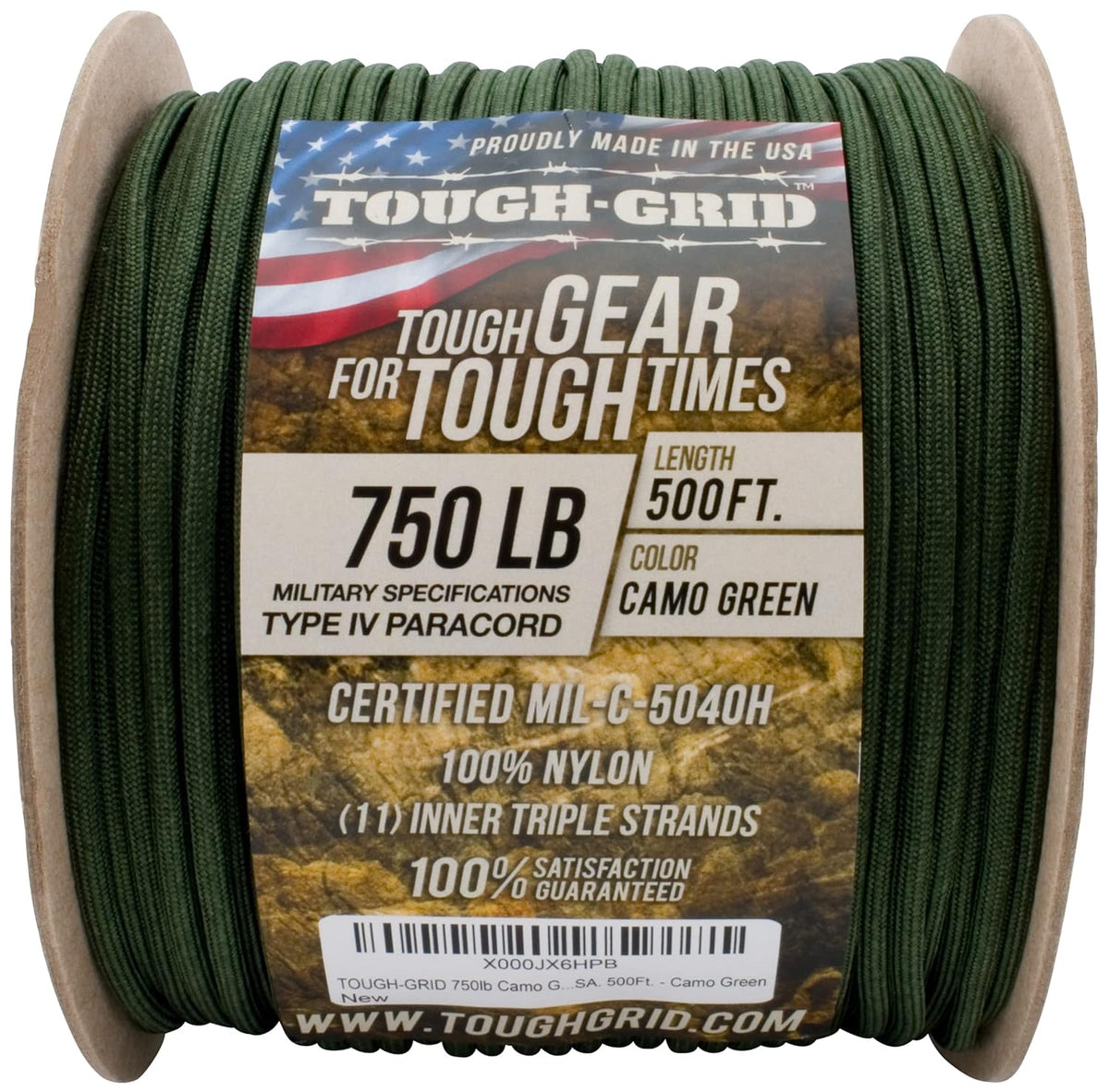 TOUGH-GRID Paracord 152m Camo Green, dunkelgrüne Schnur auf einer Spule mit Etikett