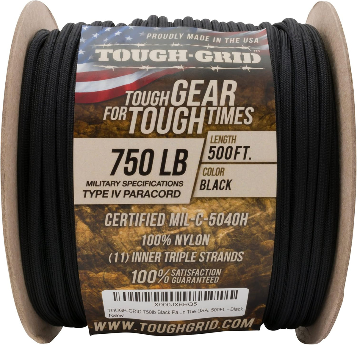 TOUGH-GRID 750 Paracord 152m schwarz, Schnur auf einer Spule mit Etikett, Vorderansicht