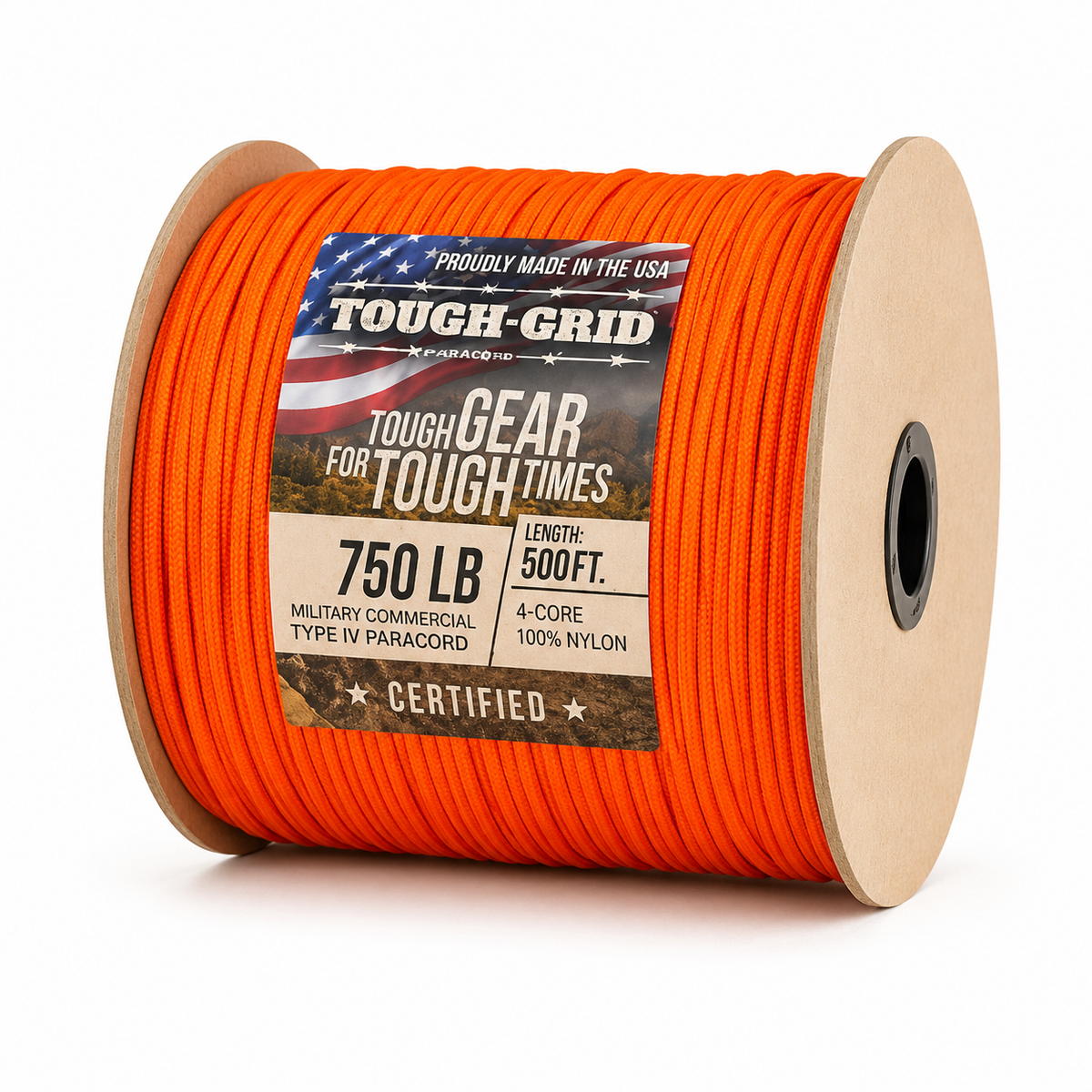 TOUGH-GRID Paracord 152m Neon Orange, leuchtend orange Schnur auf einer Spule mit Etikett