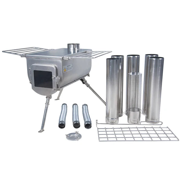 Winnerwell Woodlander Plus External Air Zeltofen mit Schornsteinrohren, kurzen Röhrchen und Rost