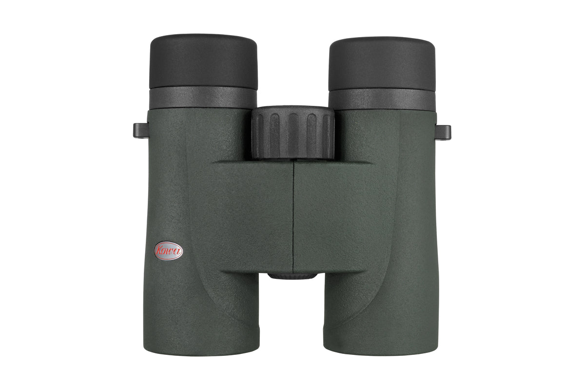 Kowa SVIII 10x32 Fernglas in Dunkelgrün, aufrecht von vorne mit den Okularen oben