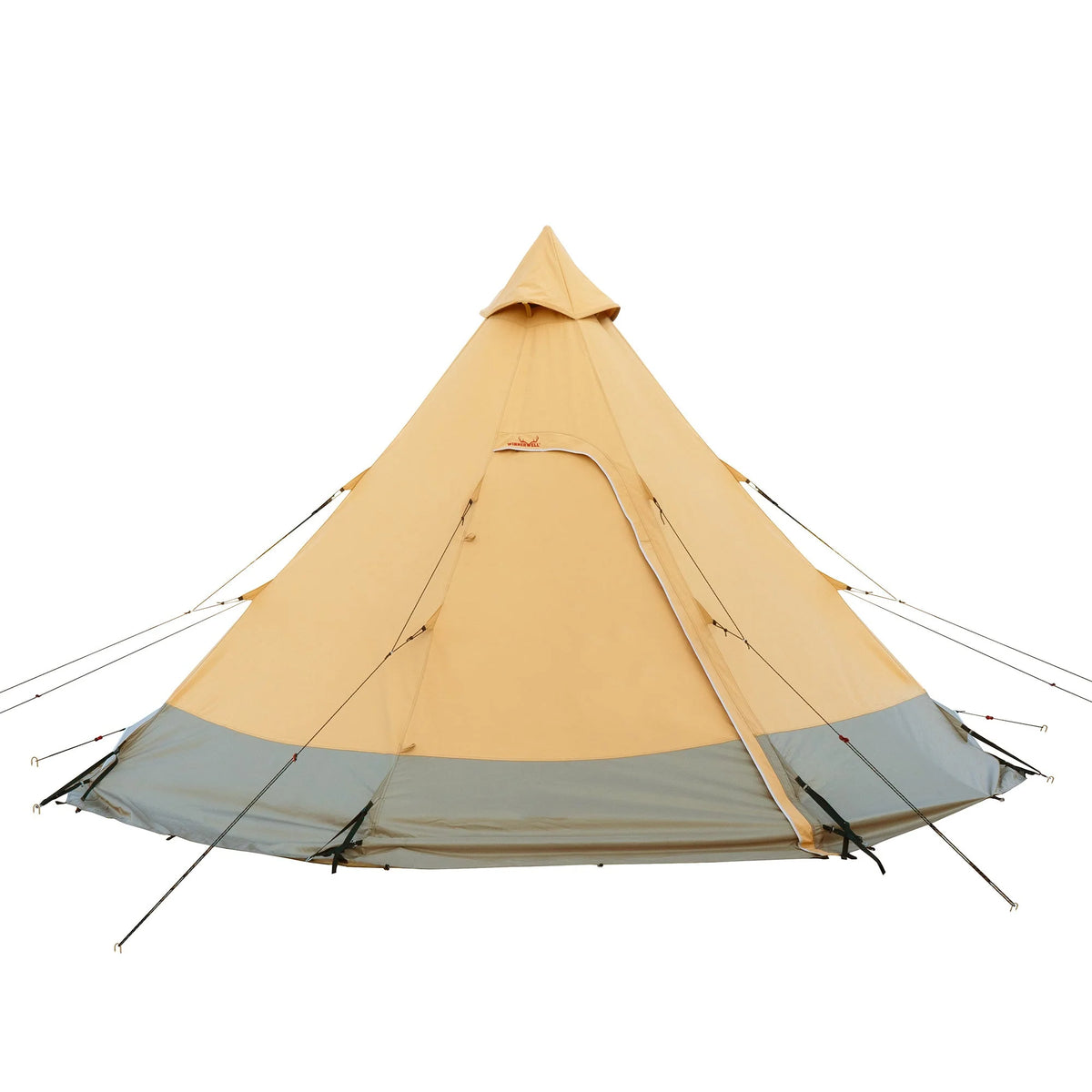 Winnerwell Arctic Tipi Zelt in Sandfarbe mit grauem unteren Rand und Abspannleinen, von vorne