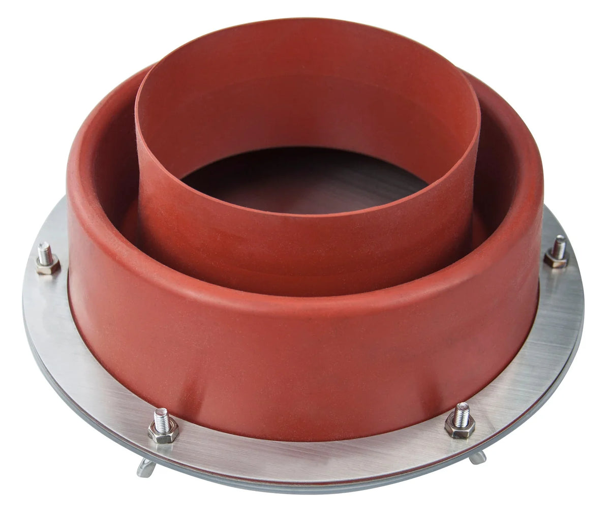 Winnerwell Flashing Kit schräg von oben, roter Kragen im breiten Rand auf dem Metallring mit Bolzen