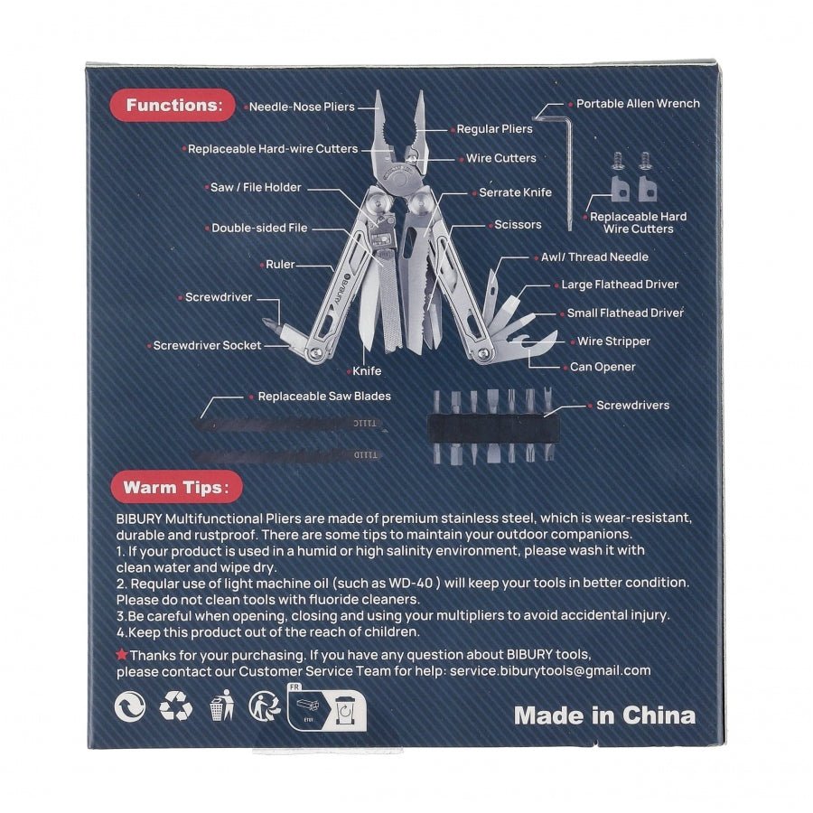 Bibury Pro Multitool Verpackung, Rückseite mit einer Übersicht aller Funktionen