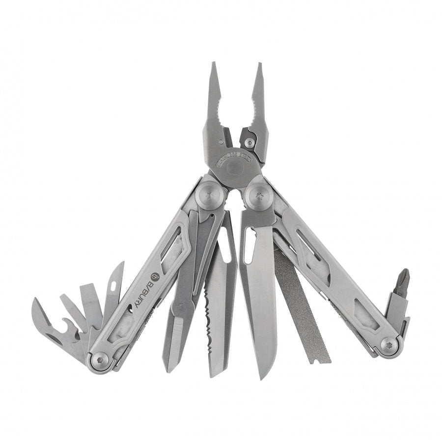 Bibury Pro Multitool aufgeklappt mit Zange, Messern, Säge, Feile und Schraubendrehern