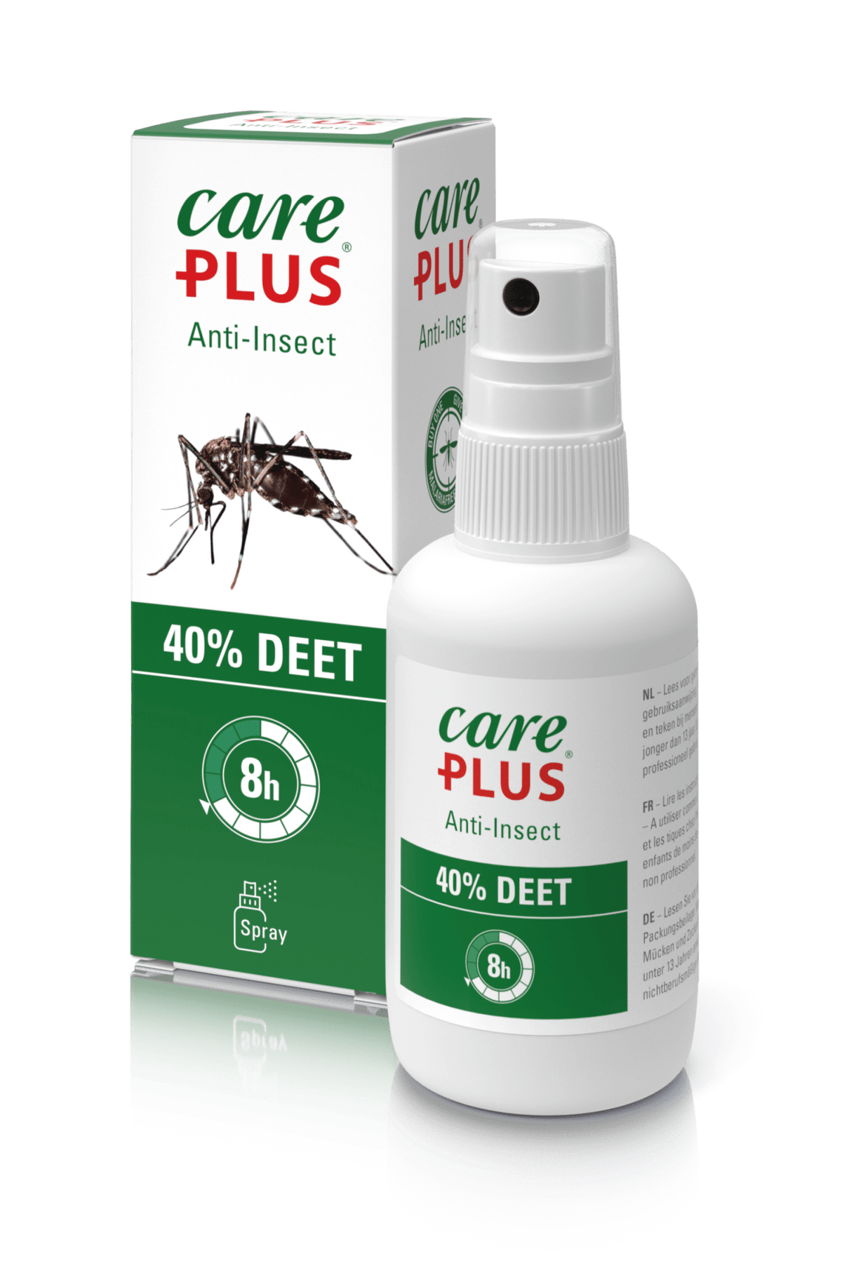 Care Plus Anti-Insect 40% DEET Sprühflasche vor dem grün-weißen Karton mit einer Mücke darauf