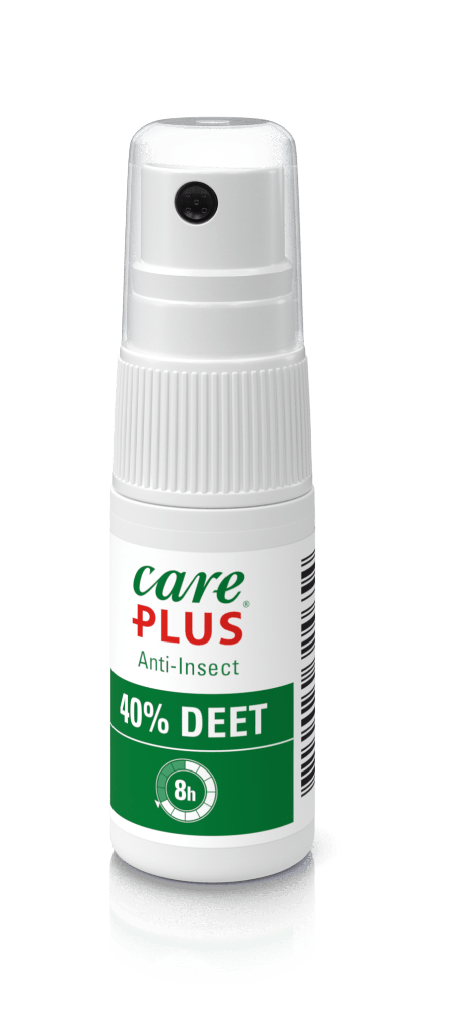 Care Plus Anti-Insect 40% DEET in kleiner Sprühflasche mit weißem Pumpkopf und grünem Etikett