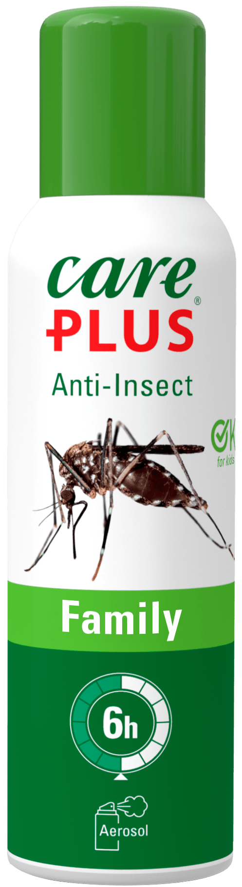 Care Plus Anti-Insect Family Sprühdose mit grüner Kappe und einer Mücke auf dem Etikett