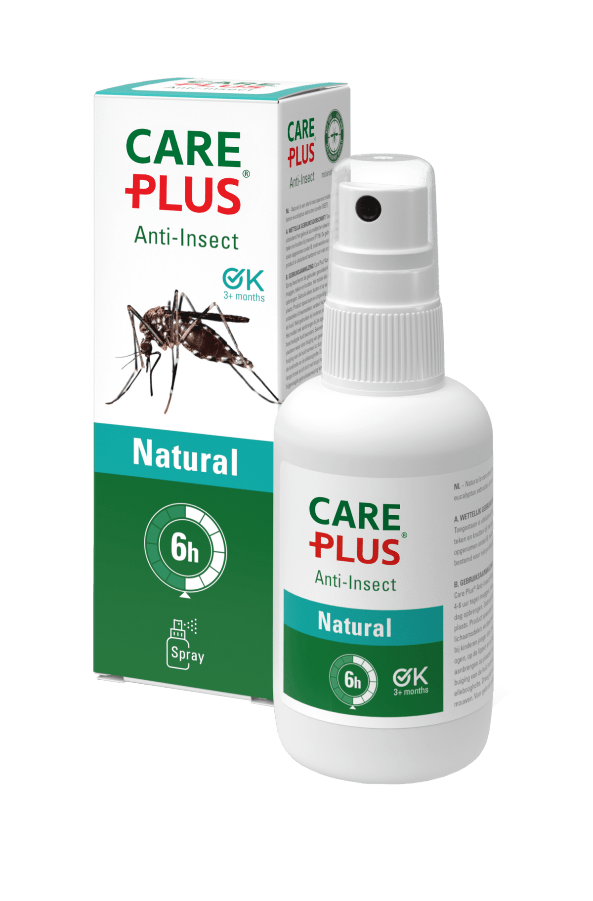 Care Plus Natural Insektenspray in Sprühflasche vor dem grün-weißen Karton mit Mücke