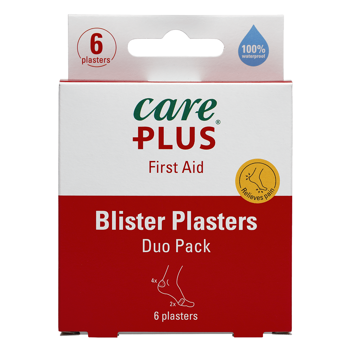 Care Plus Blister Plasters Duo Pack, rot-weiße Schachtel mit 6 Blasenpflastern