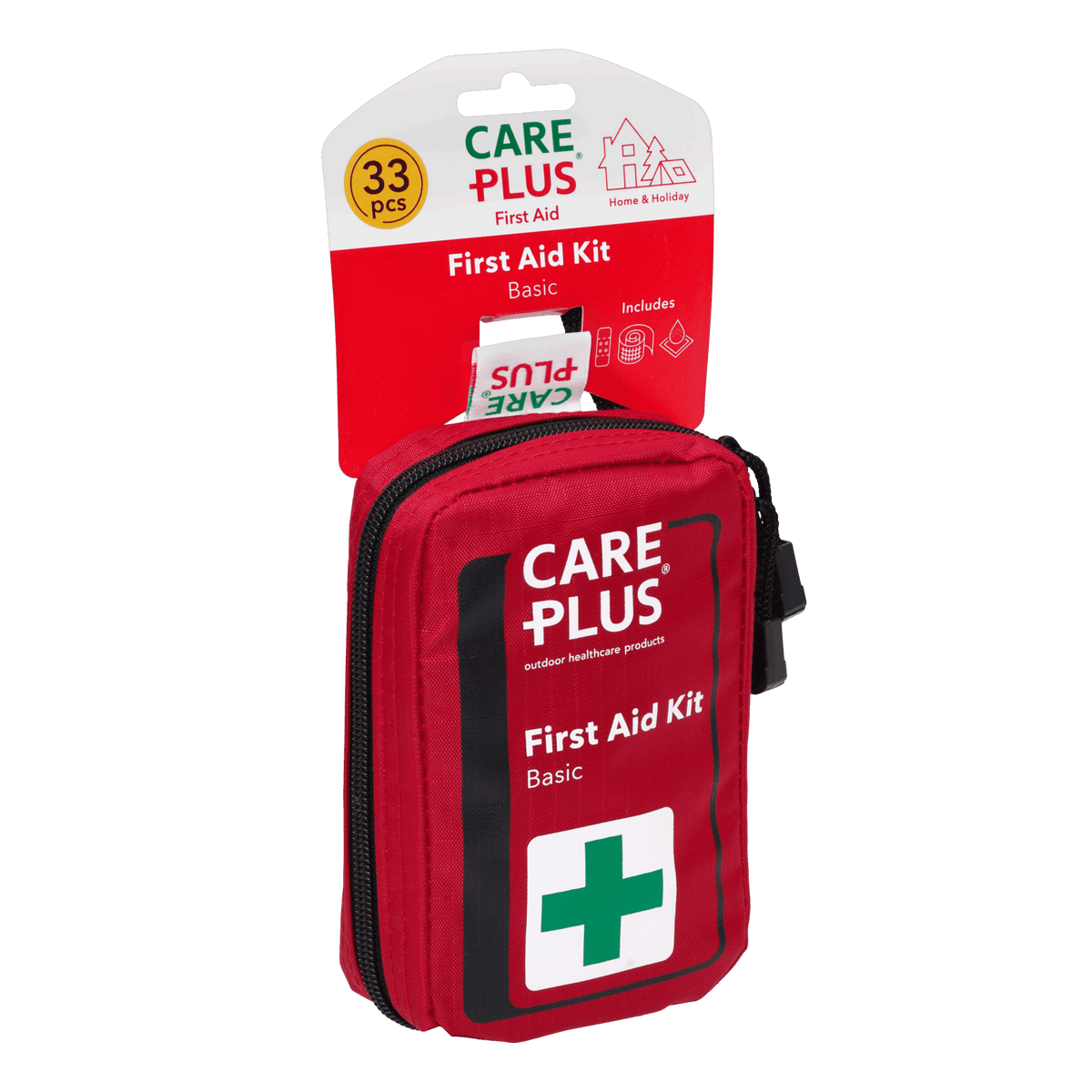 Care Plus First Aid Kit Basic, rotes Erste-Hilfe-Täschchen mit grünem Kreuz an einer Karte mit 33 Teilen