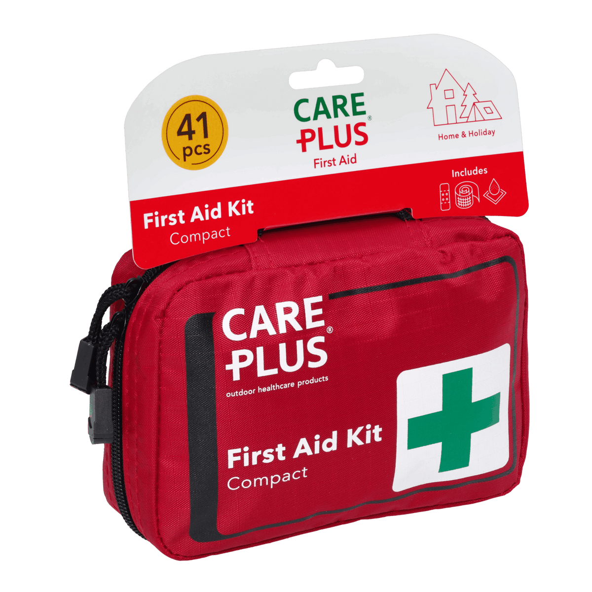 Care Plus First Aid Kit Compact, rote Erste-Hilfe-Tasche mit grünem Kreuz an einer Karte mit 41 Teilen