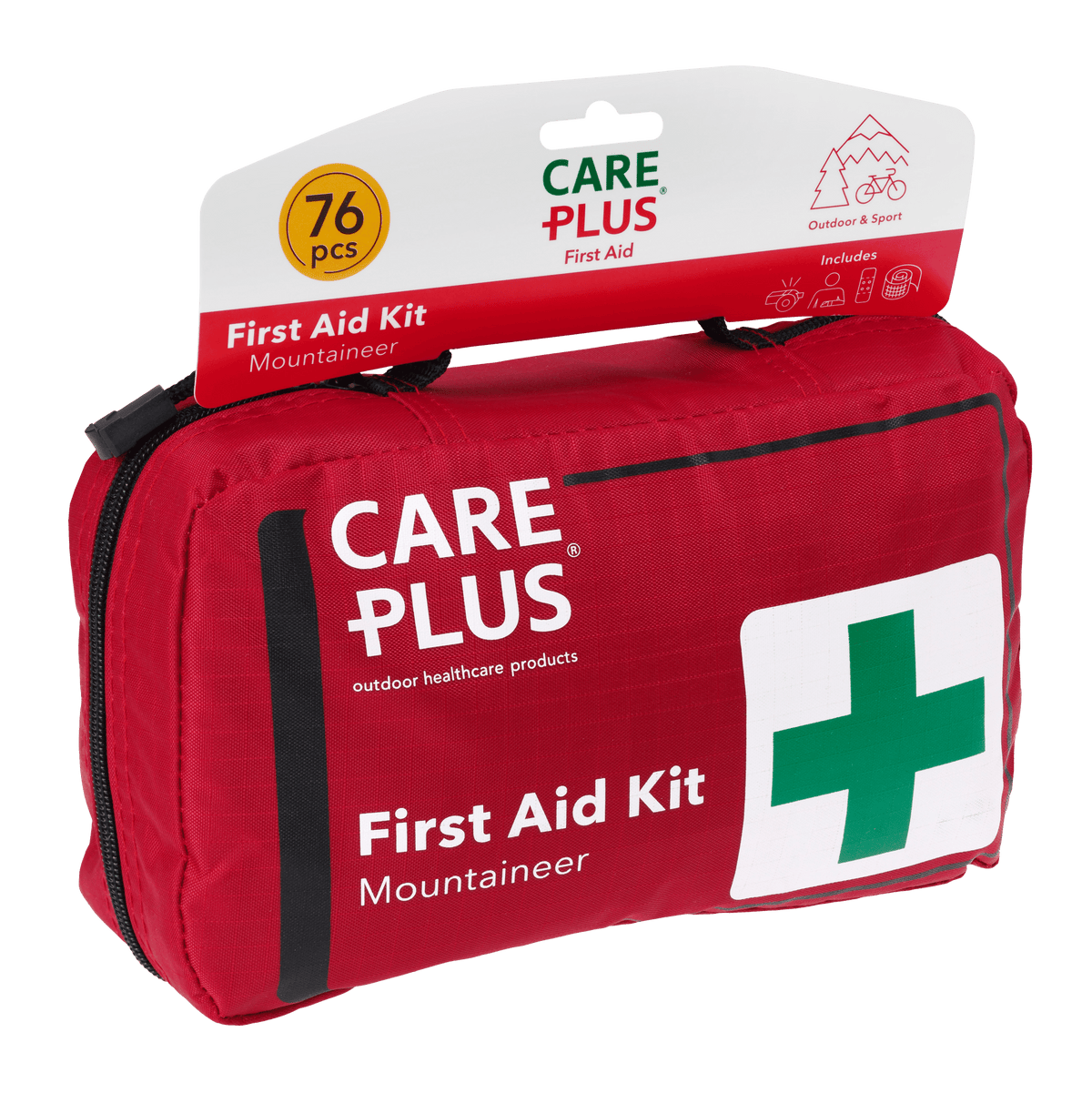 Care Plus First Aid Kit Mountaineer, rote Erste-Hilfe-Tasche mit Griff und grünem Kreuz, 76 Teile