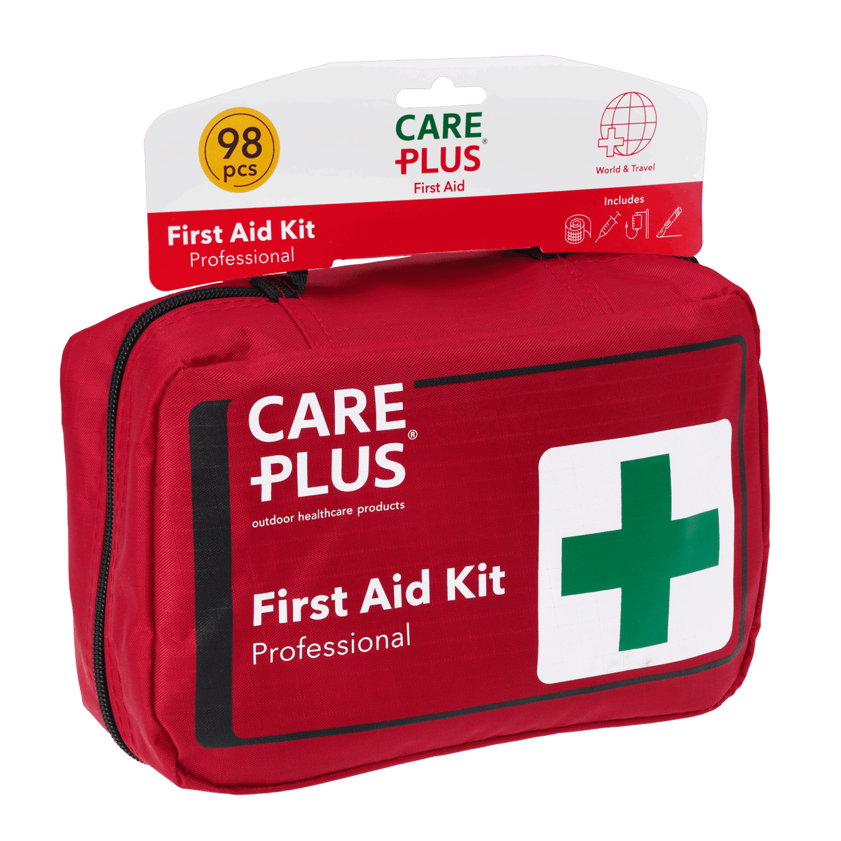 Care Plus First Aid Kit Professional, rote Erste-Hilfe-Tasche mit grünem Kreuz an einer Karte mit 98 Teilen
