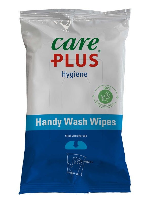 Care Plus Handy Wash Wipes in weiß-blauem Beutel mit 10 feuchten Waschtüchern