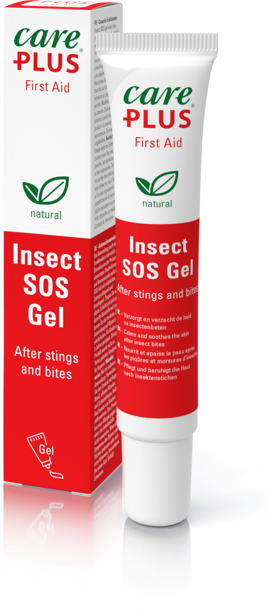 Care Plus Insect SOS Gel in rot-weißer Tube neben der Schachtel, zur Anwendung nach Stichen und Bissen
