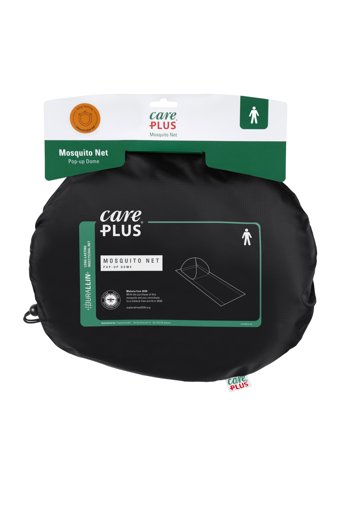 Care Plus Pop-Up Dome Moskitonetz gefaltet in einer runden schwarzen Tasche mit Aufhängekarte