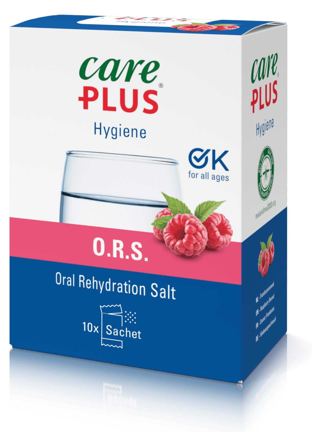 Care Plus ORS Rehydrationssalze in einer Schachtel mit 10 Beuteln und Himbeeren auf der Verpackung
