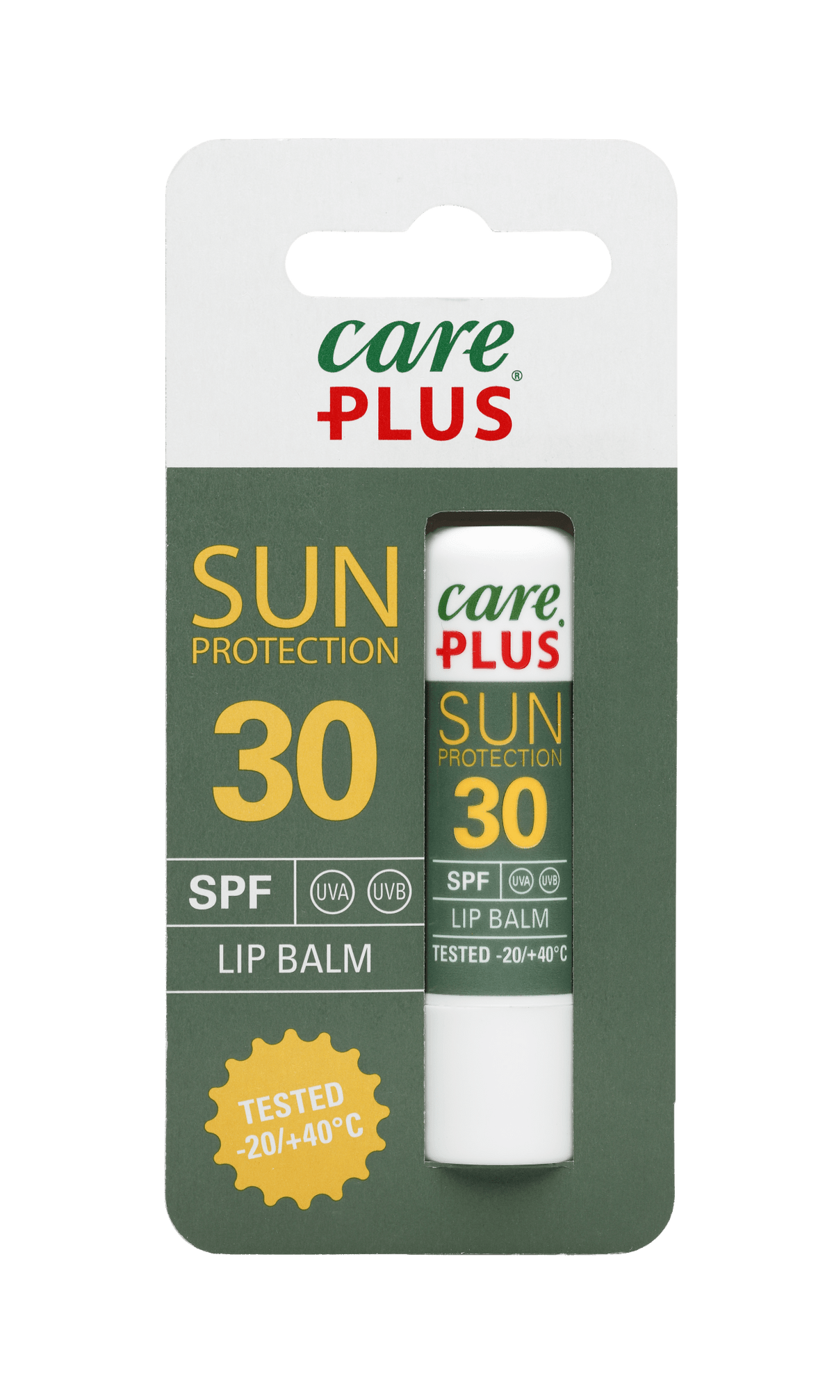 Care Plus Lipbalm SPF30 Lippenbalsam in einer grünen Blisterverpackung