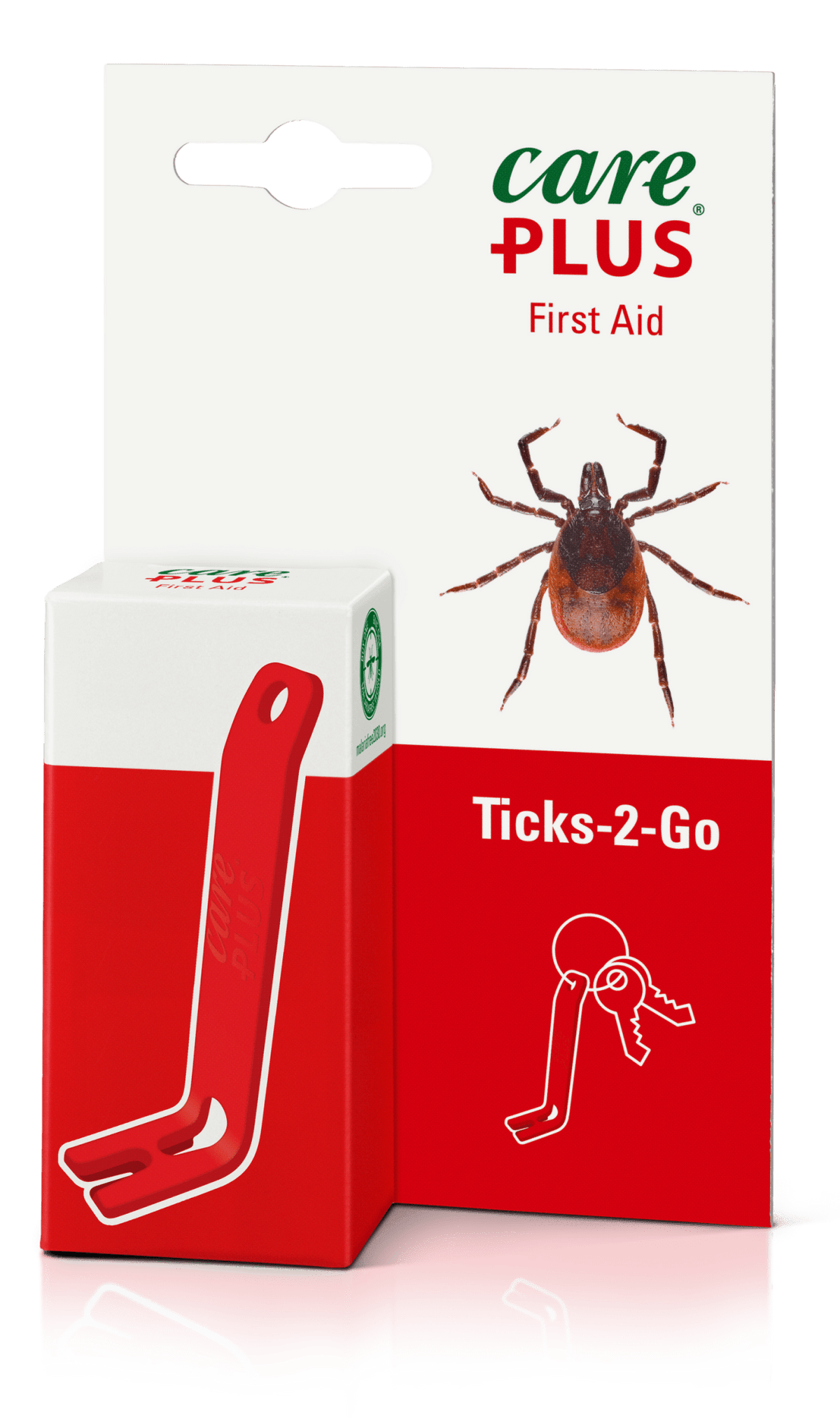Care Plus Ticks-2-Go Zeckenzange in der Verpackung mit einem roten Häkchen und einer Zecke darauf