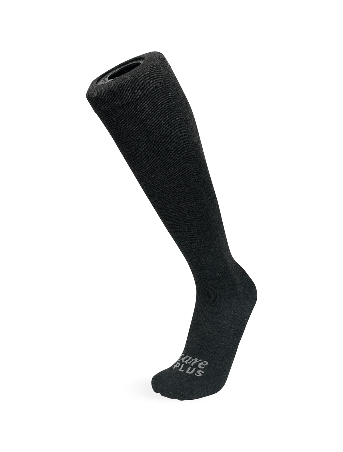 Care Plus Travel Compression Socks, schwarzer Kniestrumpf von der Seite mit dem Logo auf der Sohle