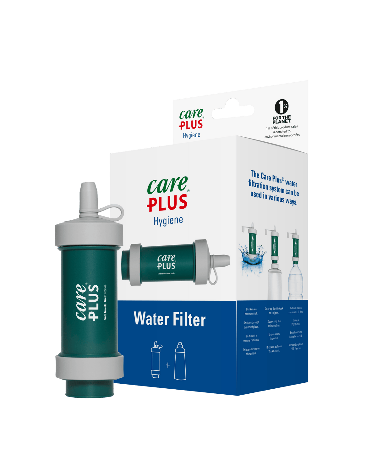 Care Plus Wasserfilter in Grün neben der blau-weißen Schachtel mit Gebrauchshinweisen