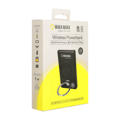 WakaWaka Power Pro kabellose Powerbank in der Verpackung, schwarzes Modell mit Ringhalter aus Metall