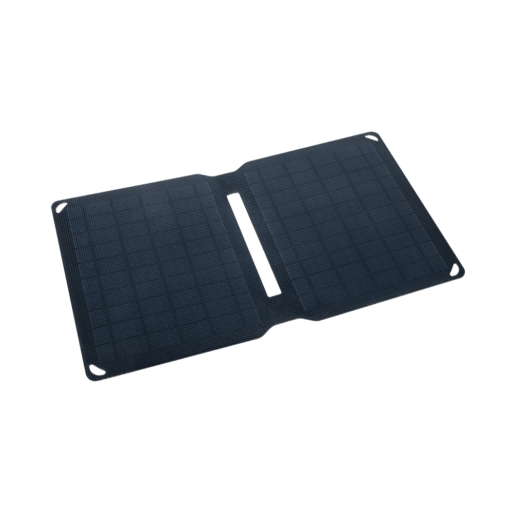 WakaWaka Solar 10 aufgeklappt, zwei schwarze Solarpanels mit Ösen in den Ecken